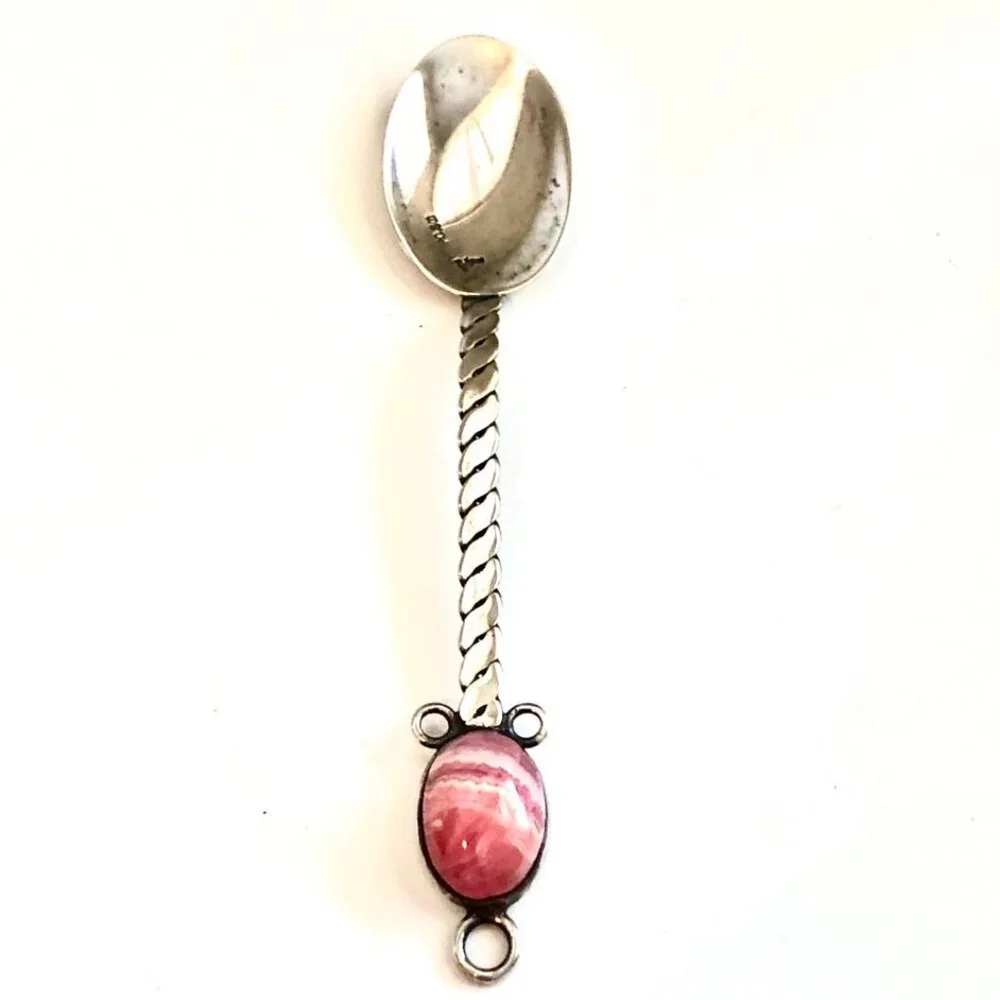 Antique Argentina Handcrafted Silver Demitasse Spoon Pink Rhodochrosite Crystal